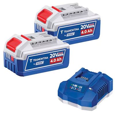 Kit 2 Baterias by Total 20V 4,0Ah Lithium-Ion + Carregador 4,0A Tramontina Azul e Cinza / Bivolt