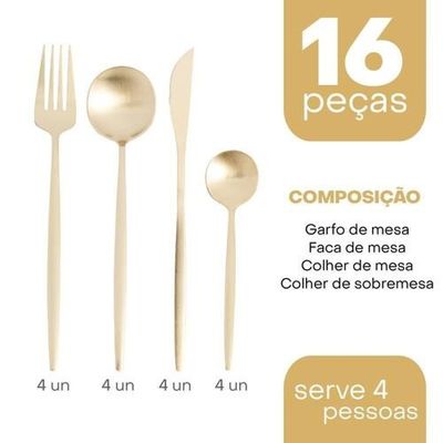 Faqueiro 16 Peças Aço Inox Lyor Ópera Design Elegante Alta Durabilidade Champagne