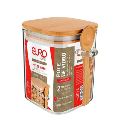 Pote Quadrado de Vidro Borossilicato Slim 650ml com Tampa de Bambu Hermética Euro Home Transparente