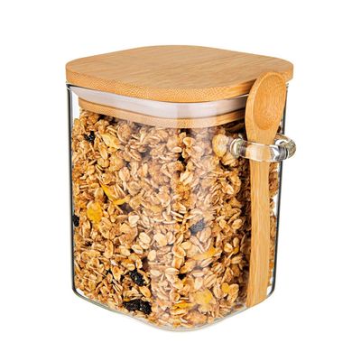 Pote Quadrado de Vidro Borossilicato Slim 650ml com Tampa de Bambu Hermética Euro Home Transparente
