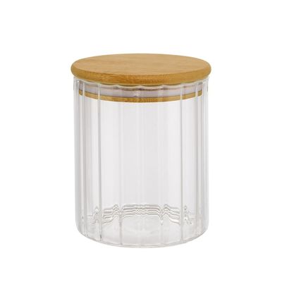 Pote Redondo Canelado Slim Euro Home Vidro Borossilicato com Tampa de Bambu 600ml Transparente