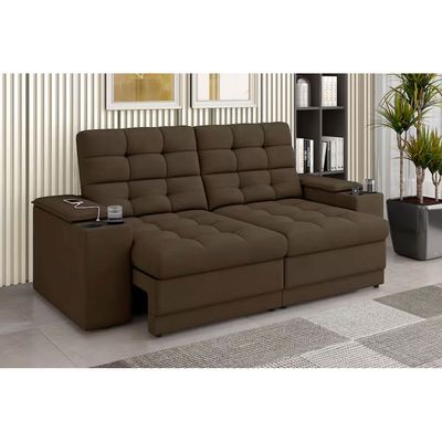 Sofá 3 Lugares Kansas Retrátil Reclinável com USB Veludo 205cm Besthouse Marrom