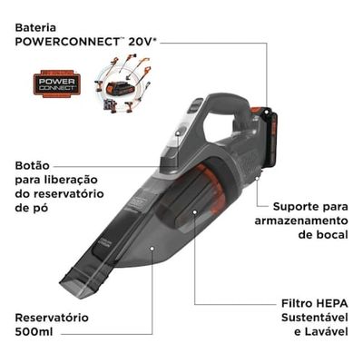 Aspirador de Pó Portátil BCHV001D1E-BR PowerConnect 20V Bivolt Black+Decker Cinza / Bivolt