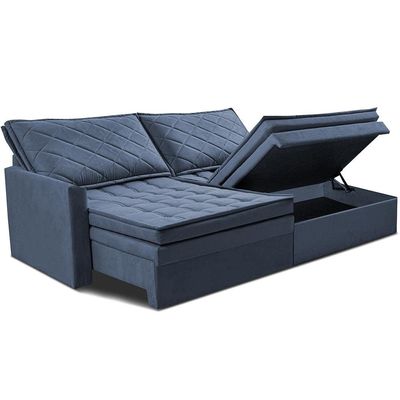 Sofá 3 Lugares Cama InBox Marselha II Retrátil Reclinável com Baú Revestimento Suede Velusoft 180cm Azul