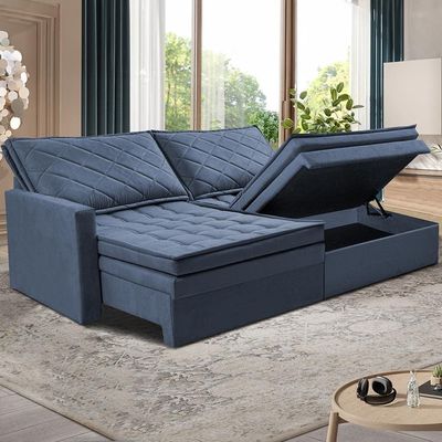 Sofá 3 Lugares Cama InBox Marselha II Retrátil Reclinável com Baú Revestimento Suede Velusoft 180cm Azul