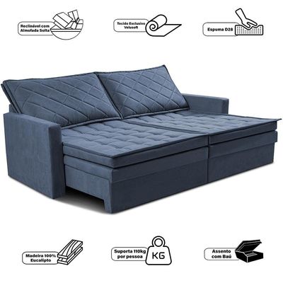Sofá 3 Lugares Cama InBox Marselha II Retrátil Reclinável com Baú Revestimento Suede Velusoft 180cm Azul