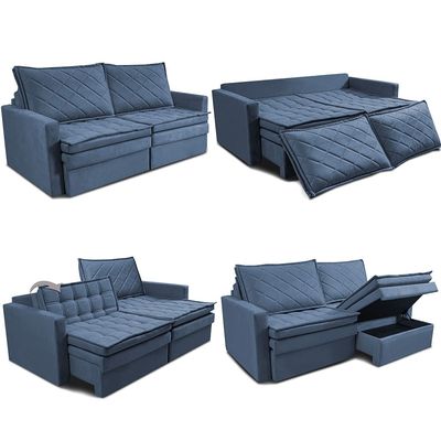 Sofá 3 Lugares Cama InBox Marselha II Retrátil Reclinável com Baú Revestimento Suede Velusoft 180cm Azul