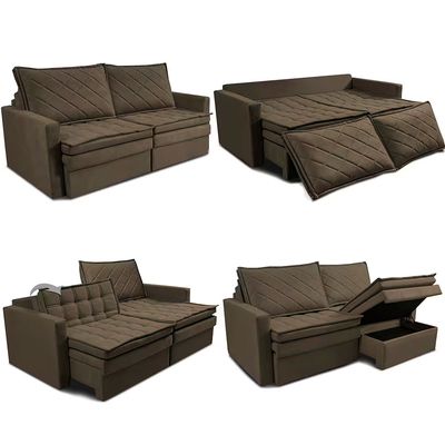 Sofá 3 Lugares Cama InBox Marselha II Retrátil Reclinável com Baú Revestimento Suede Velusoft 180cm Café