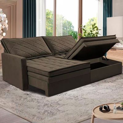 Sofá 3 Lugares Cama InBox Marselha II Retrátil Reclinável com Baú Revestimento Suede Velusoft 180cm Café