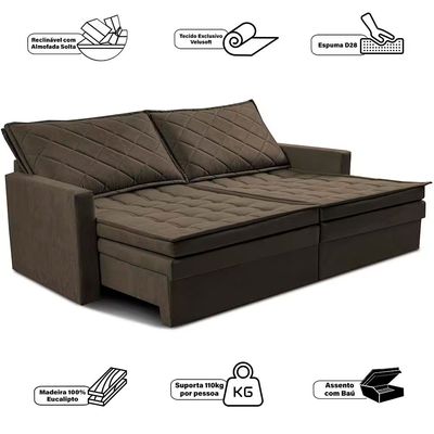Sofá 3 Lugares Cama InBox Marselha II Retrátil Reclinável com Baú Revestimento Suede Velusoft 180cm Café
