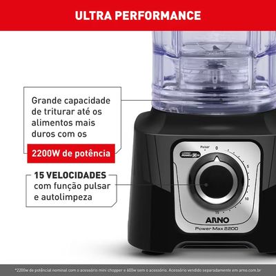 Liquidificador Power Max LN66 2200W 3,1L 15 Velocidades Arno Preto / 110V