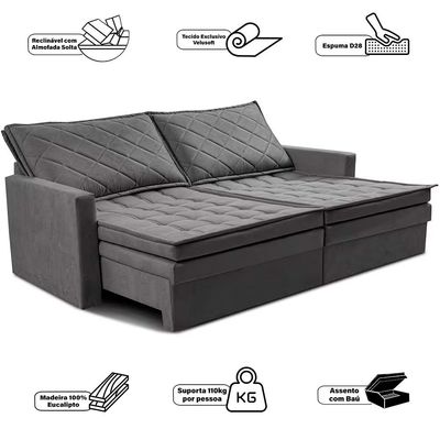 Sofá 3 Lugares Cama InBox Marselha II Retrátil Reclinável com Baú Revestimento Suede Velusoft 180cm Cinza