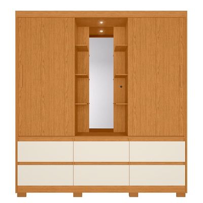 Guarda-Roupa Palumóveis Atena Casal 2 Portas de Correr 6 Gavetas com Camarim e LED Cinamomo/Off White