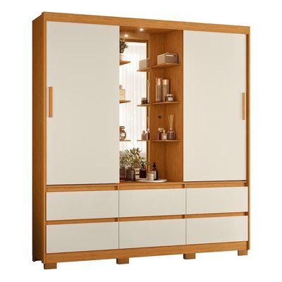 Guarda-Roupa Palumóveis Atena Casal 2 Portas de Correr 6 Gavetas com Camarim e LED Cinamomo/Off White