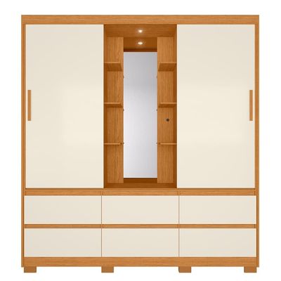Guarda-Roupa Palumóveis Atena Casal 2 Portas de Correr 6 Gavetas com Camarim e LED Cinamomo/Off White