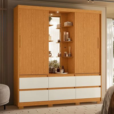 Guarda-Roupa Palumóveis Atena Casal 2 Portas de Correr 6 Gavetas com Camarim e LED Cinamomo/Off White