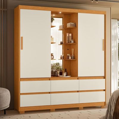 Guarda-Roupa Palumóveis Atena Casal 2 Portas de Correr 6 Gavetas com Camarim e LED Cinamomo/Off White