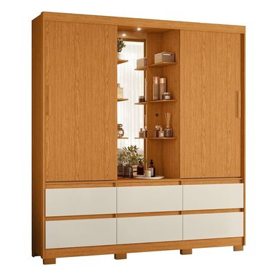 Guarda-Roupa Palumóveis Atena Casal 2 Portas de Correr 6 Gavetas com Camarim e LED Cinamomo/Off White