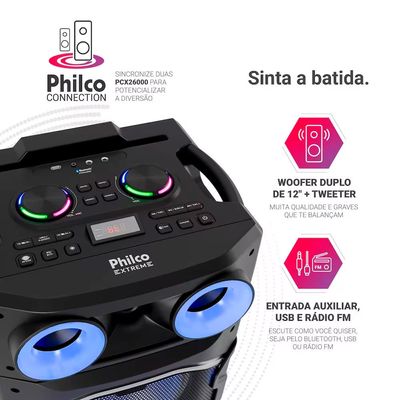 Torre de Som PCX26000 2600W Bluetooth Woofer Duplo 12 Flash Light Philco Preto / Bivolt