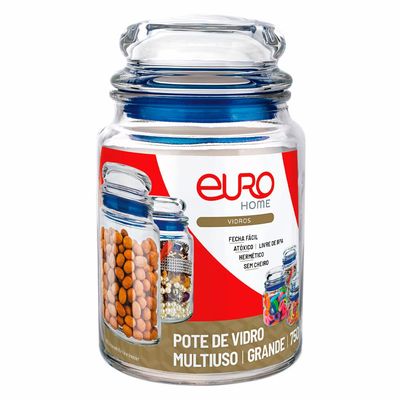 Pote de Vidro Multiuso 750ml Tampa Hermética com Anel de PVC  Euro Home Transparente