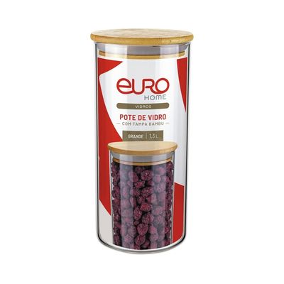 Pote de Vidro Euro Home Slim 1,3L com Tampa de Bambu Hermético Transparente