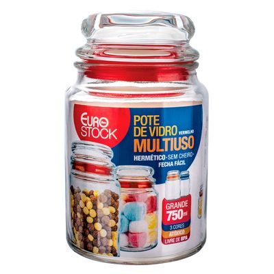 Pote de Vidro Multiuso 750ml Vermelho Tampa Hermética com Anel de PVC Euro Home Transparente
