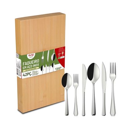 Faqueiro Euro Home Strauss Classic FQM42C 42 Peças Aço Inox Cabo Decorado Serve 6 Pessoas Inox