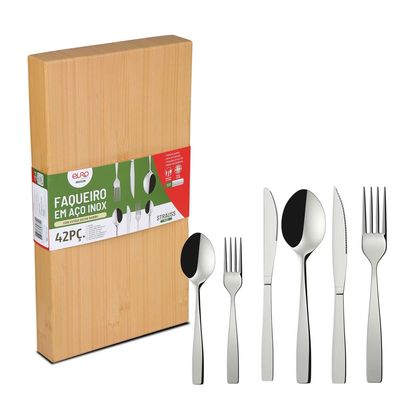 Faqueiro Strauss Flat FQM42F 42 Peças Aço Inox Cabo Decorado Serve 6 Pessoas Euro Home Inox