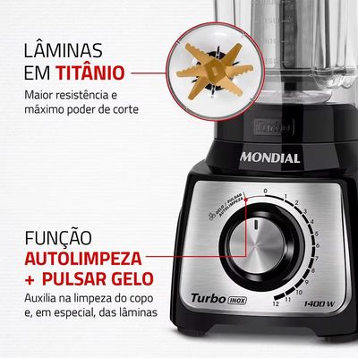 Liquidificador Turbo Inox L-1400 12 Velocidades 1400W 3L Mondial Preto / 110V