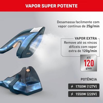 Ferro e Vaporizador Arno Duo Power FVDP 2 em 1 1550W Base Cerâmica Vapor Extra Azul / 110V