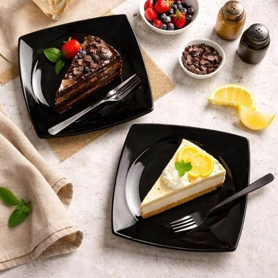 Jogo 12 Pratos Quadrados Sobremesa Raso Porcelana Preto 21cm Oriental Sushi Germer