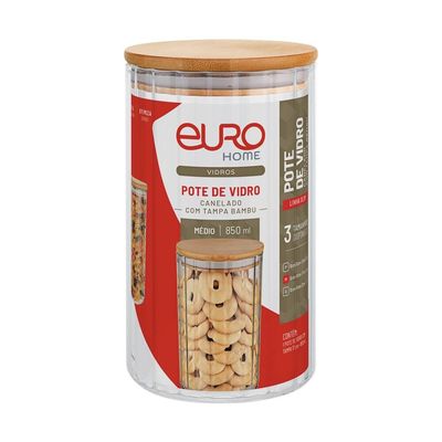 Pote Redondo Canelado Euro Home 850ml Vidro com Tampa de Bambu Slim Transparente