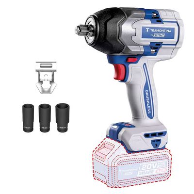 Chave de Impacto by TOTAL 1/2 20V 850 N.m Brushless Força Extrema com LED Tramontina Azul com Cinza