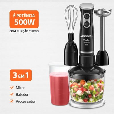 Mixer Turbo 3 em 1 Inox M-18-BI 500W Função Turbo Mondial Preto e Prata / 220V