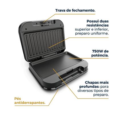 Grill e Sanduicheira Britânia Preto 750W 2 em 1 BGR24A 220V