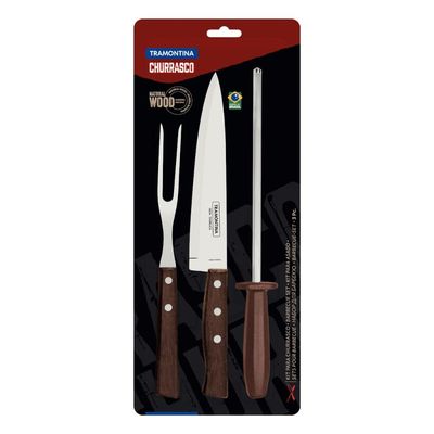 Kit para Churrasco Tramontina Aço Inox Madeira Natural e Polipropileno 3 Peças