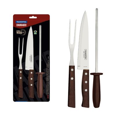Kit para Churrasco Tramontina Aço Inox Madeira Natural e Polipropileno 3 Peças