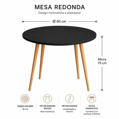 Mesa Jantar Sofia Redonda 80cm Preto Trama 18mm Pés de Madeira Natural Marin