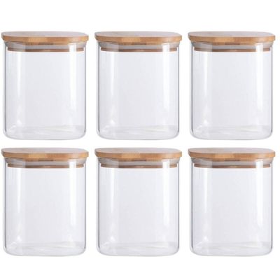 Jogo 6 Potes Vidro Herméticos 800ml Oikos Borea Tampa Bambu Porta Mantimentos Grãos