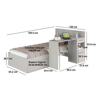 Cama de Solteiro Juvenil com Escrivaninha 90 El Calafate Arenas