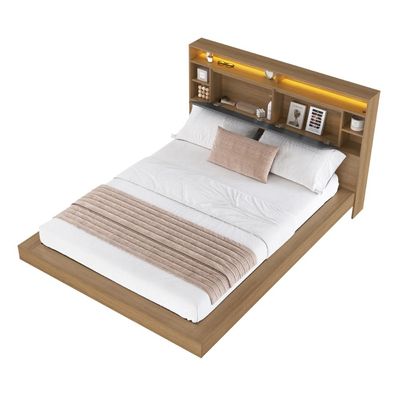 Cama de Casal e Queen Suspensa com Ilunimação em Led e Organizador na Cabeceira Cancun Cor Mel/Grafite