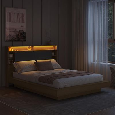 Cama de Casal e Queen Suspensa com Ilunimação em Led e Organizador na Cabeceira Cancun Cor Mel/Grafite