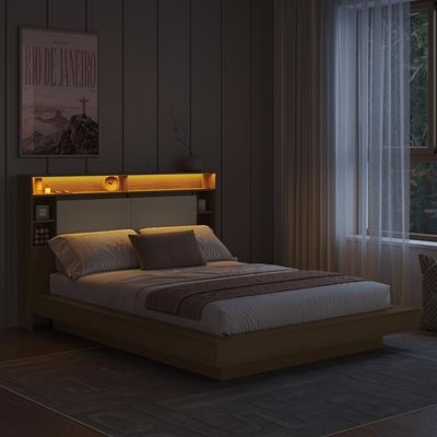Cama de Casal e Queen Suspensa com Ilunimação em Led e Organizador na Cabeceira Cancun Cor Mel/Arenas
