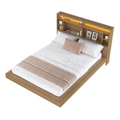 Cama de Casal e Queen Suspensa com Ilunimação em Led e Organizador na Cabeceira Cancun Cor Mel/Arenas