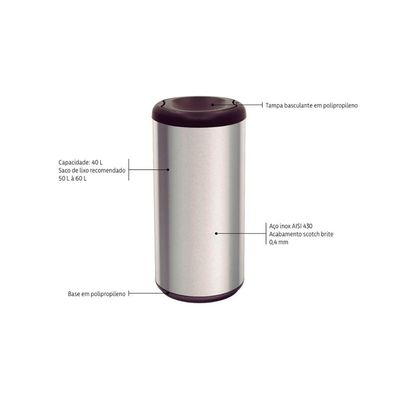 Lixeira Inox Tramontina Piemonte 40 L Acetinada e Tampa Basculante Preta Polipropileno
