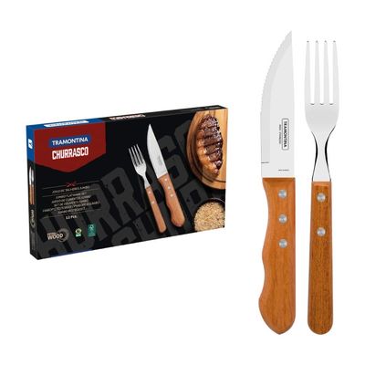 Jogo de Talheres para Churrasco em Aço Inox e Madeira 12 Peças Tramontina