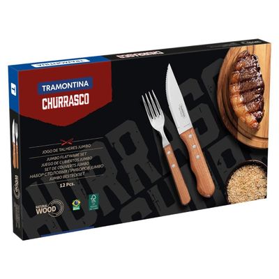 Jogo de Talheres para Churrasco em Aço Inox e Madeira 12 Peças Tramontina