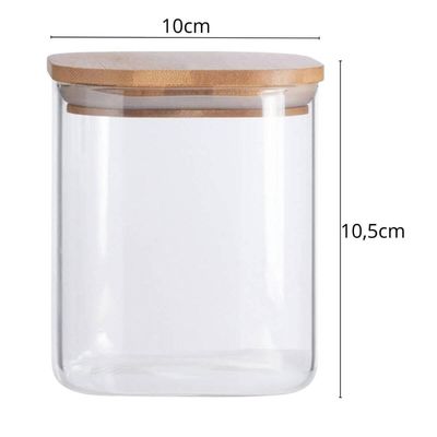 Kit 2 Potes Quadrados de Vidro 800ml Oikos Borea Tampa Bambu Hermético Porta Mantimentos