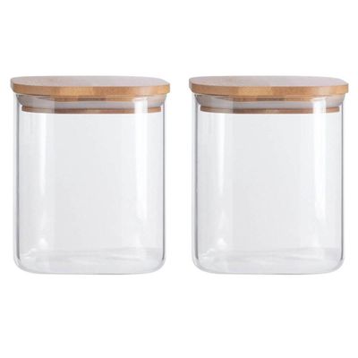 Kit 2 Potes Quadrados de Vidro 800ml Oikos Borea Tampa Bambu Hermético Porta Mantimentos