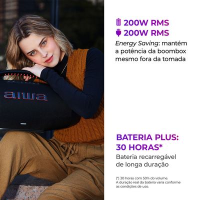 Caixa de Som Boombox Plus AIWA BBS-01-B 200W Bluetooth 30H IP66 USB Preto